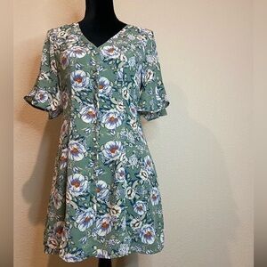 Blue Pair~Vibrant V-Neck Floral Button-Up Mini Dress~Ruffle 3/4 Sleeve~Size S